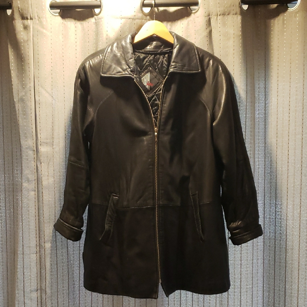 Women's Black Leather Jacket By Tiboa Leathers w Removable Lining, Size Large
